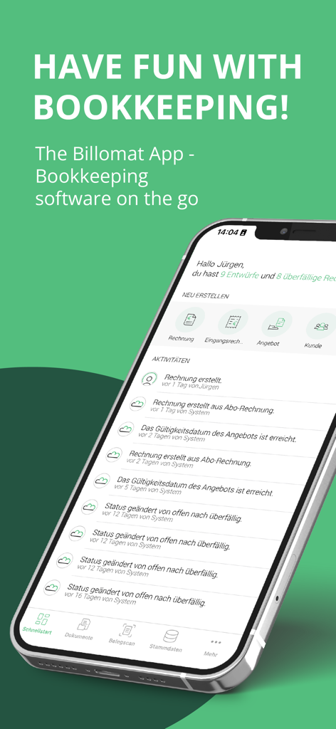 Smartphone screen showing the Billomat bookkeeping app dashboard with a recent activity list and invoice management options.