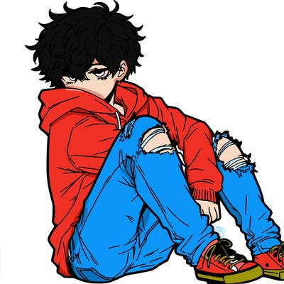 a male hoddie ripped jeans messy hair anime