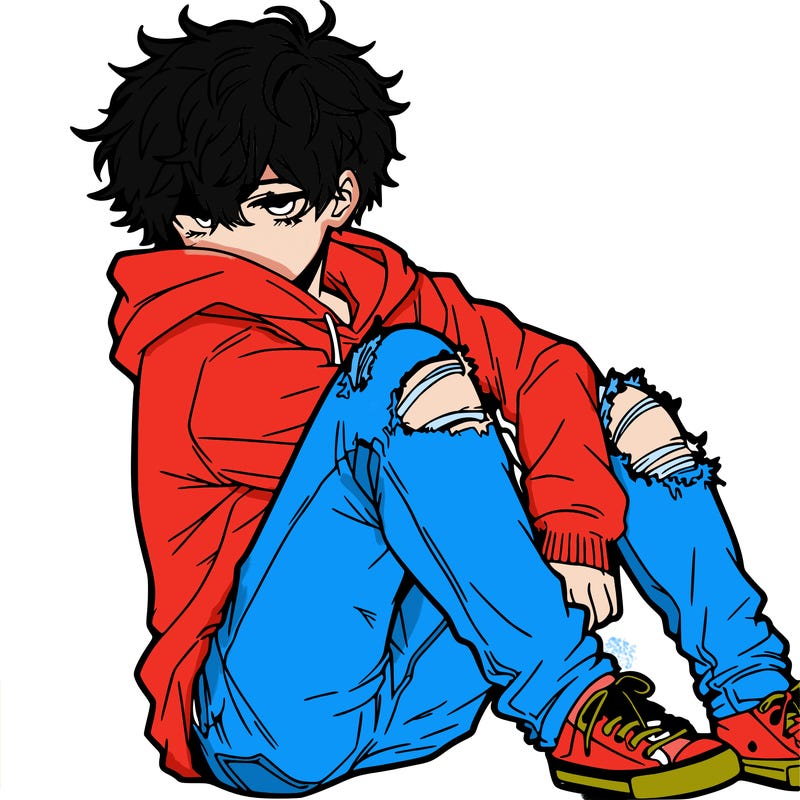 a male hoddie ripped jeans messy hair anime