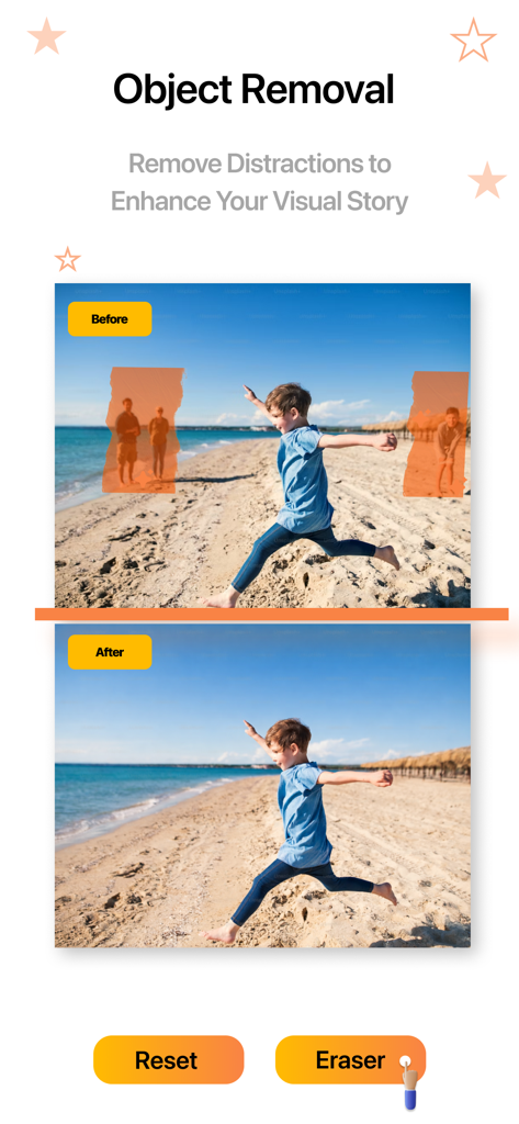 Remove BG - Background Eraser. - 해변 사진에서 원치 않는 사람들을 지우는 AI 개체 제거 도구의 이전 및 이후 비교