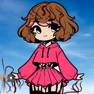 cute femboy with short, fluffy hair that softly frames their face, wearing a cropped hoodie, paired with a flouncy short skirt, and thigh-high stockings