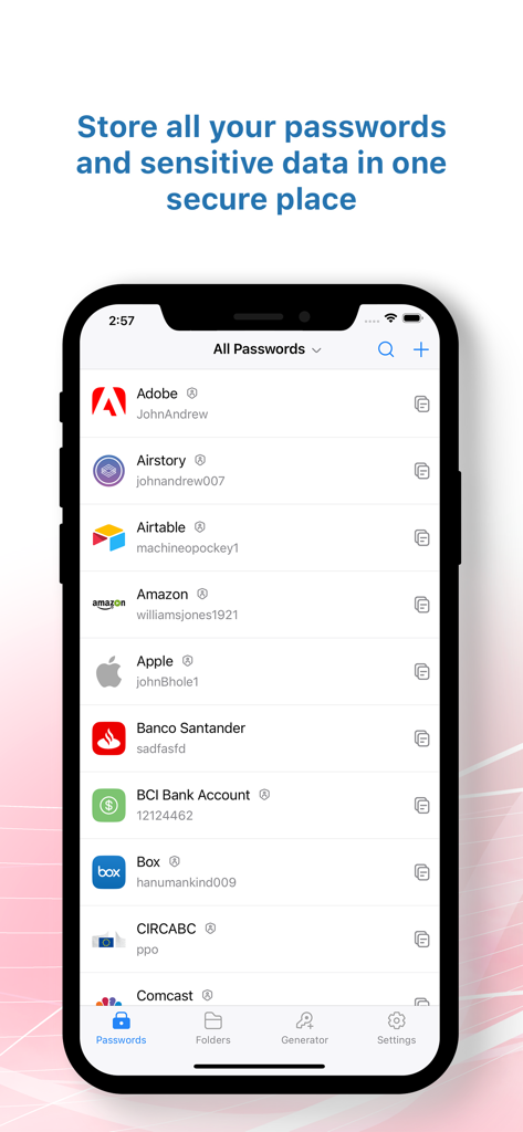 Interface da aplicação móvel Zoho Vault a exibir uma lista de palavras-passe de contas armazenadas e credenciais de login num cofre digital seguro