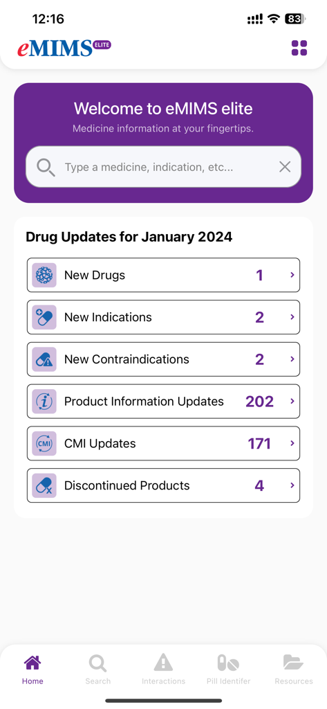 Home screen of eMIMS Elite mobile app showing medicine search and monthly drug information updates