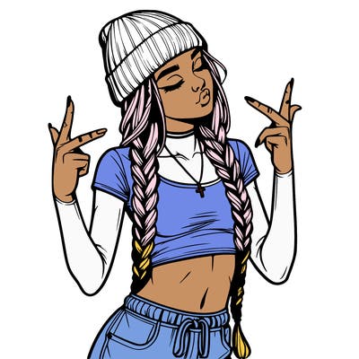 realistic teenage girl with braids and a beanie and crop top doing 🫶🏼
