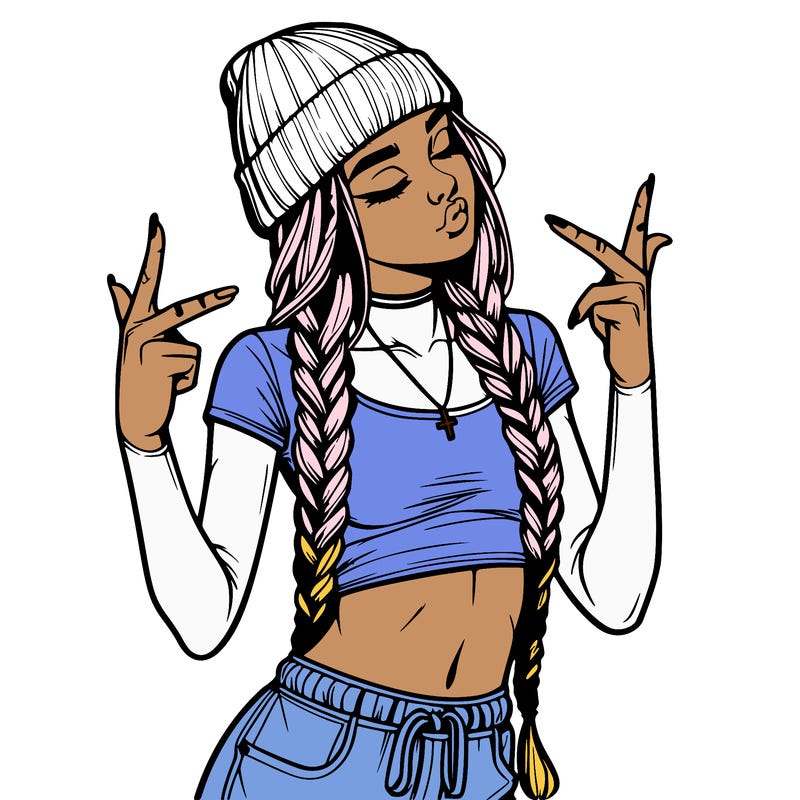 realistic teenage girl with braids and a beanie and crop top doing 🫶🏼