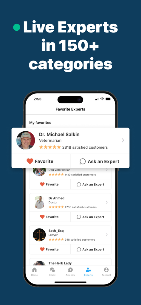 JustAnswer: Ask for help, 24/7 - A mobile screen from the JustAnswer app showing a list of verified experts like veterinarians, doctors, and lawyers in over 150 categories.