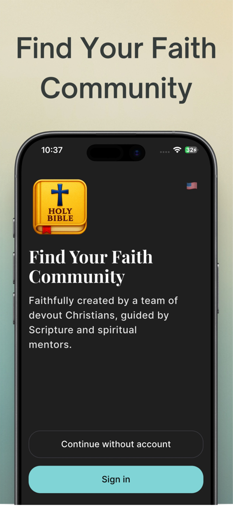 Bible Journey: Visual Stories - Welcome screen of the Bible Journey app with a Holy Bible icon and buttons to sign in or continue.