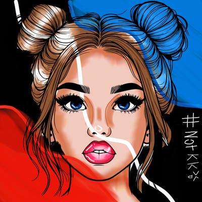 realistic girl with two buns on her hair and lips