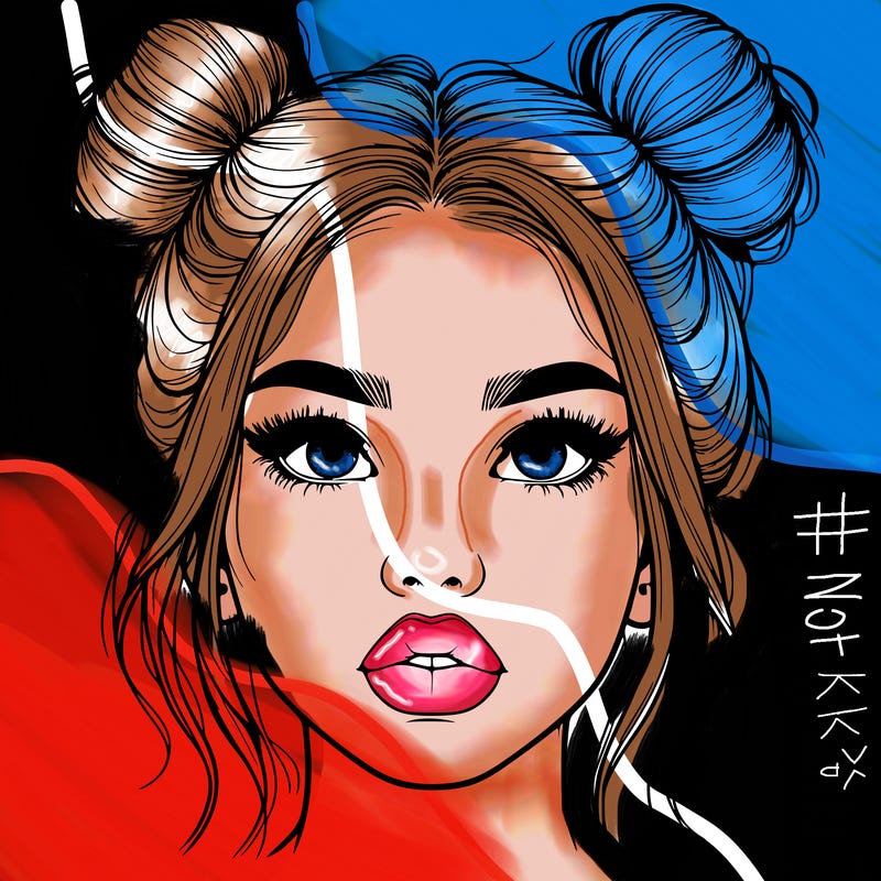 realistic girl with two buns on her hair and lips