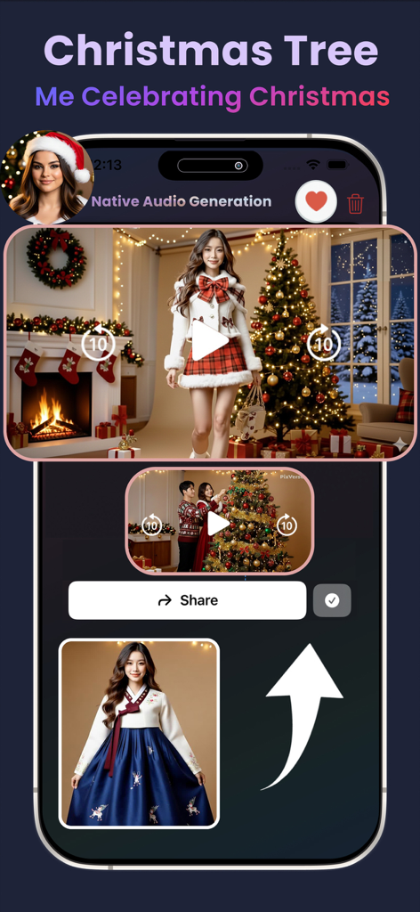 Bing AI: bing image creator - Mobile interface of an AI app creating festive Christmas videos with a share option.