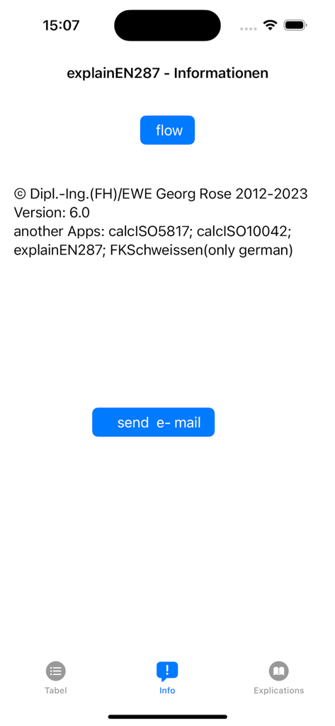 Écran d'information de l'application explainISO9606 montrant la version et les coordonnées du développeur.