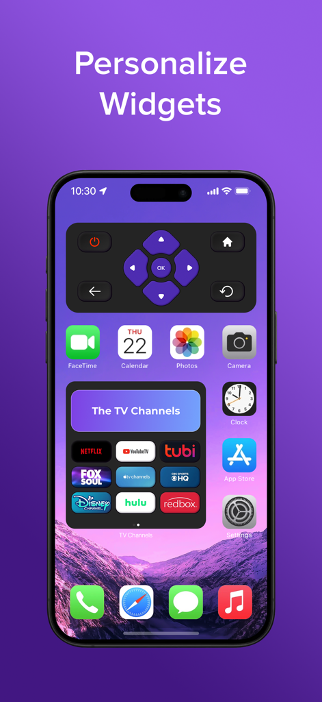 iPhone home screen with personalized TV remote and streaming channel widgets