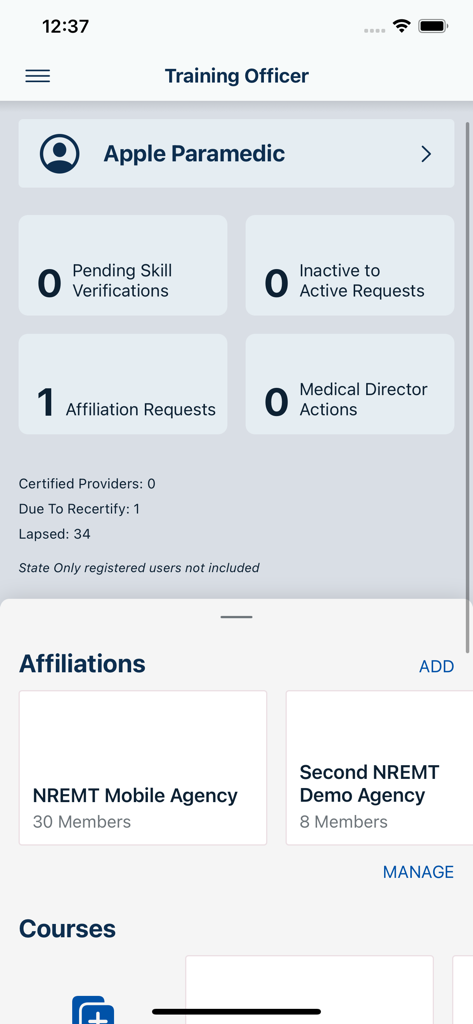 NREMT app Training Officer dashboard displaying pending skill verifications and agency affiliation requests.