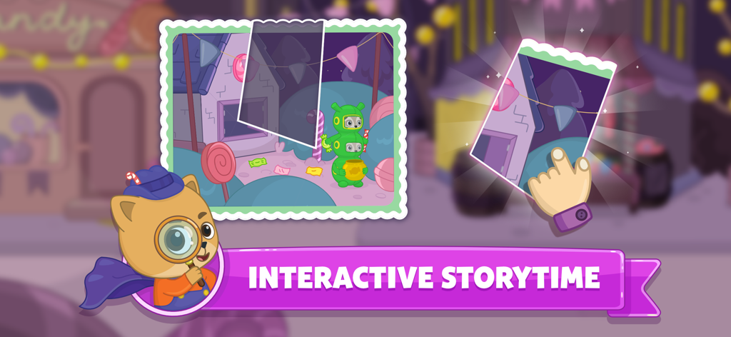Kids Learning Games & Stories - Bimi Boo character holding a magnifying glass next to an interactive story puzzle game