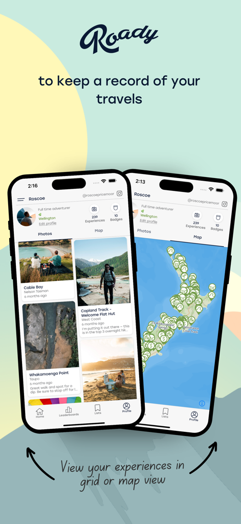 Roady app user profile displaying a grid of travel photos and a map with location markers
