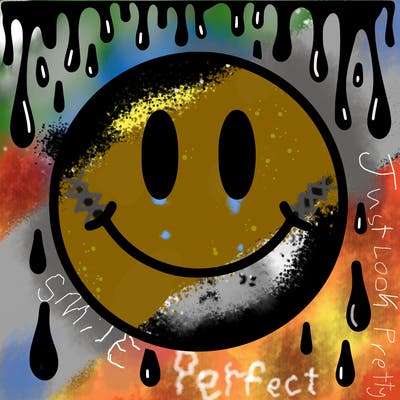 smiley face with drippy black and white background