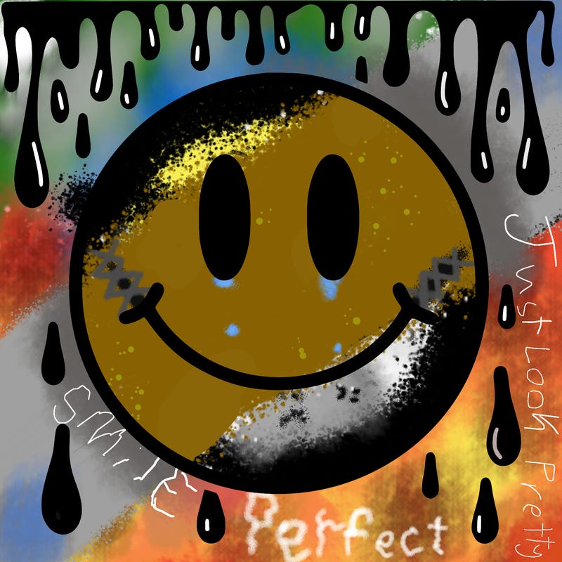 smiley face with drippy black and white background