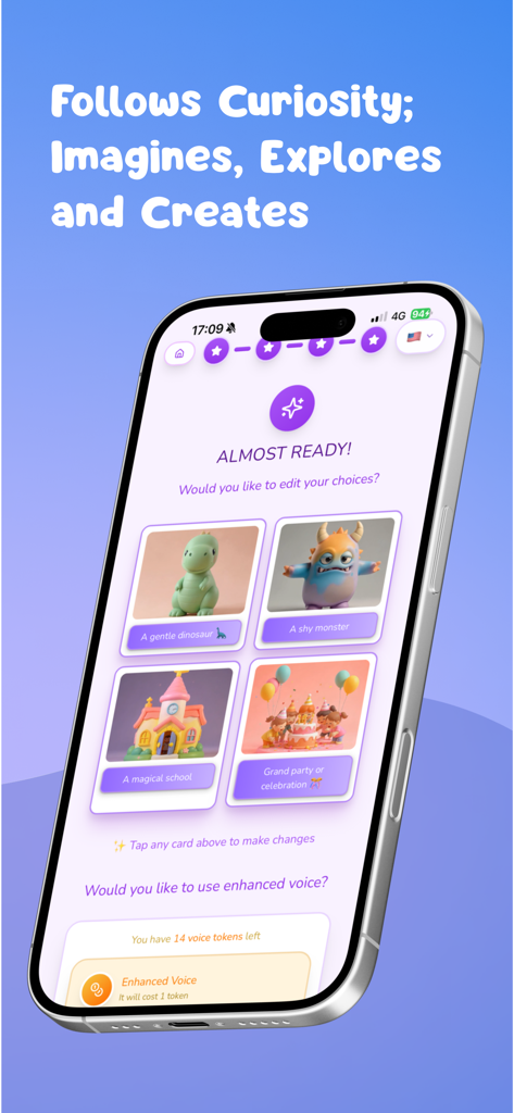 Fablio - Create Your Story! - Mobile app screen showing story building choices with 3D illustrations of a dinosaur, a monster, a magical school, and a celebration.