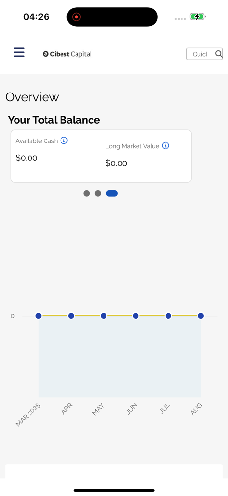 Dashboard of Cibest Capital US app showing investment portfolio overview and account balance chart