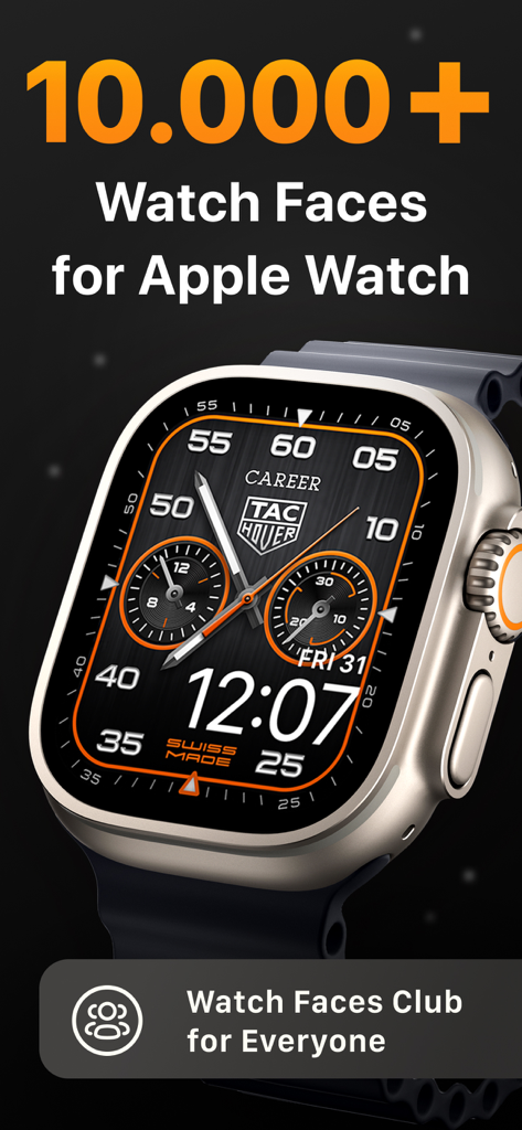 Watch Faces & Widgets Gallery - Apple Watch Ultra mostrando una esfera de reloj de cronógrafo de lujo en naranja y negro de la aplicación Watch Faces and Widgets Gallery