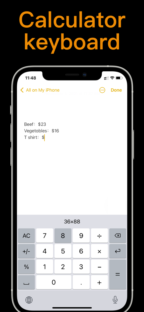 iPhone screen showing a custom calculator keyboard used within a notes app for expense tracking