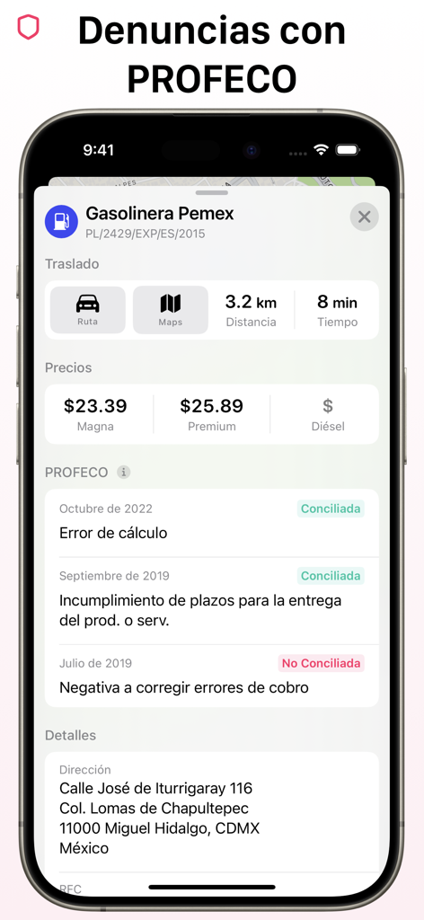 GasClub - Precios de Gasolina - GasClub interface showing fuel prices and consumer protection history for a Pemex station.