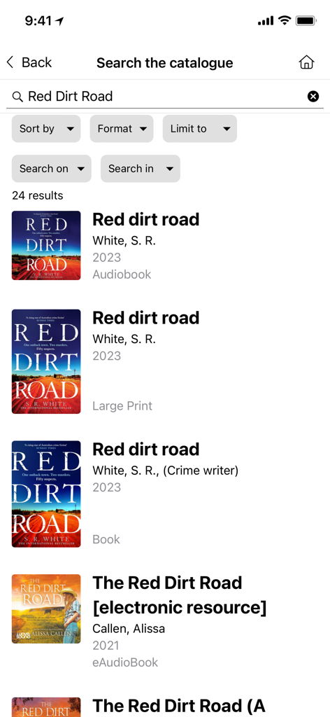 A search results screen in the Whitehorse Manningham Library app displaying different formats of the book Red Dirt Road including audiobook and large print