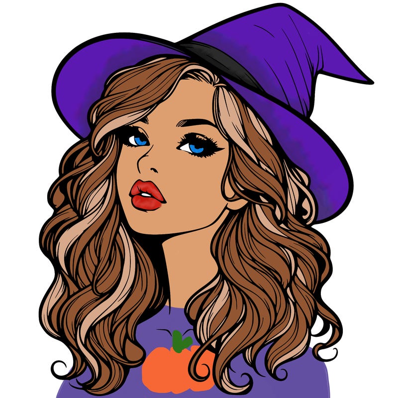 realistic witch girl with wavy hair and lips