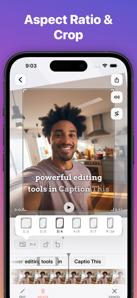Mobile app interface showing video cropping and aspect ratio selection tools for social media content
