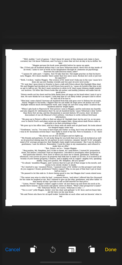 Mobile PDF Scanner – Scan Docs - Uma interface de aplicativo móvel mostrando um documento sendo cortado e editado após a digitalização