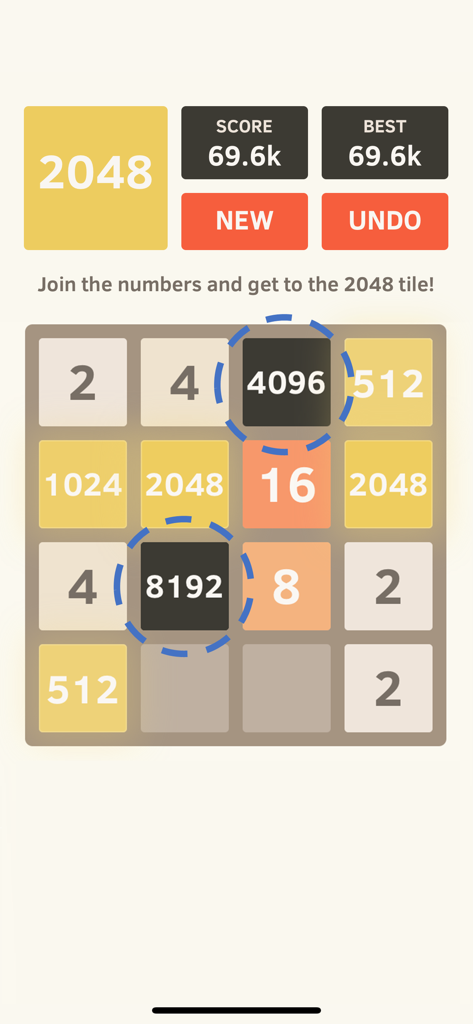 2048 by Gabriele Cirulli - A screenshot of the official 2048 puzzle game board featuring high value numbered tiles and a minimalist interface