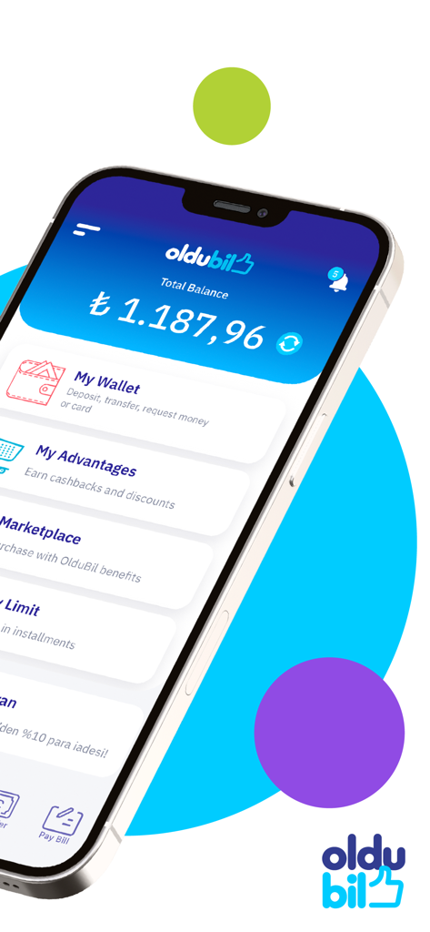 OlduBil - The dashboard of the OlduBil app showing a Turkish Lira balance and wallet features