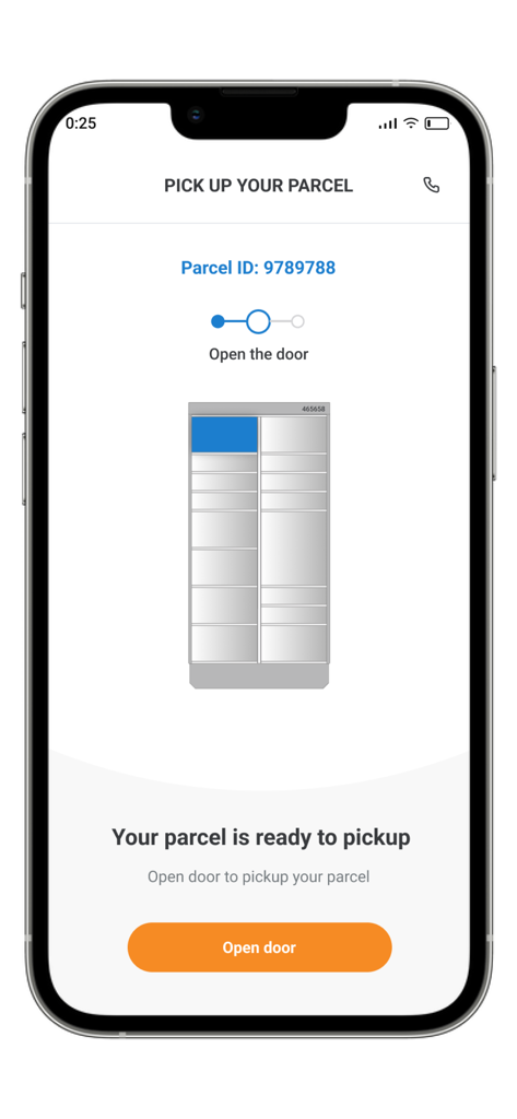 Interface do aplicativo Unlock Point SLM mostrando um pacote pronto para retirada e um botão para abrir a porta do armário.