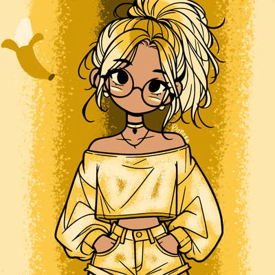 girl with a messy ponytail glasses a baggy crop top and jean shorts