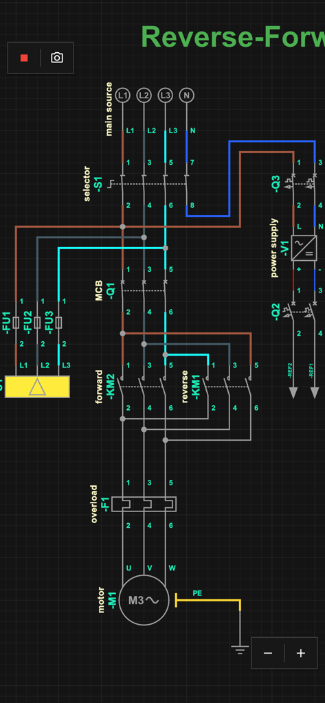 Simurelay - Simurelay app interface showing a reverse forward electrical motor circuit diagram
