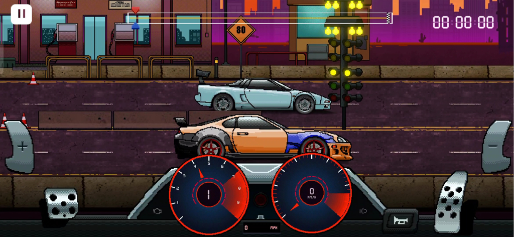 Pixel X Racer : Drag Racing - Escena de carreras de arrastre de arte pixelado con dos coches en la línea de salida y una interfaz de tablero detallada