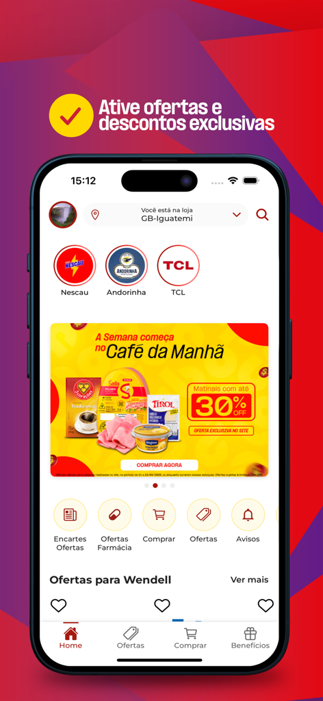 GBarbosa - GBarbosa mobile app interface featuring exclusive supermarket offers and a 30 percent breakfast discount banner