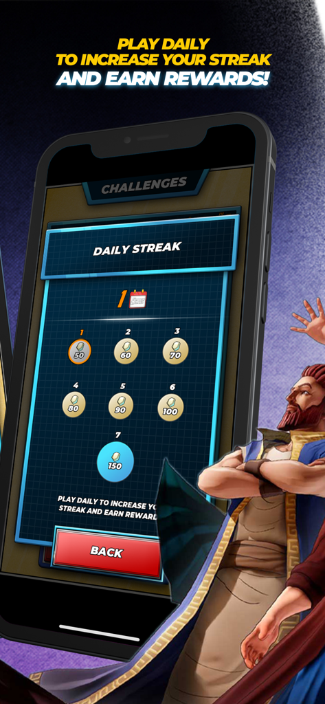 Interface of the Bible Trivia Game Heroes app showing a daily streak calendar and rewards system on a smartphone screen