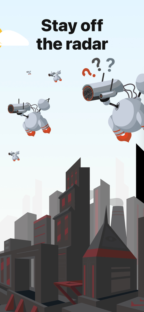 Illustration of surveillance drones searching a city with text reading Stay off the radar representing online privacy