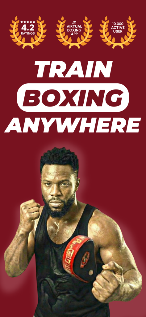 Promotional screen for SparPad shadow boxing app showing a man in a boxing stance with the text Train Boxing Anywhere