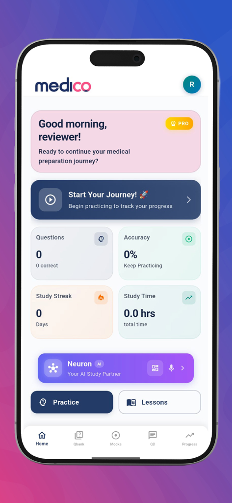 Medico: NEET-PG & INI-CET Prep - Home screen of the Medico medical preparation app showing study stats and AI features