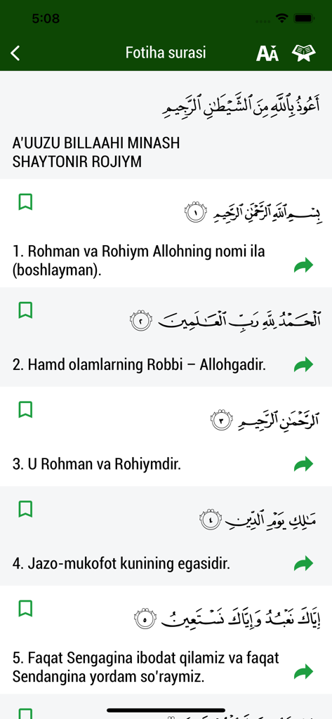 Surah Al-Fatiha com tradução uzbeque e texto árabe no aplicativo Islom.uz
