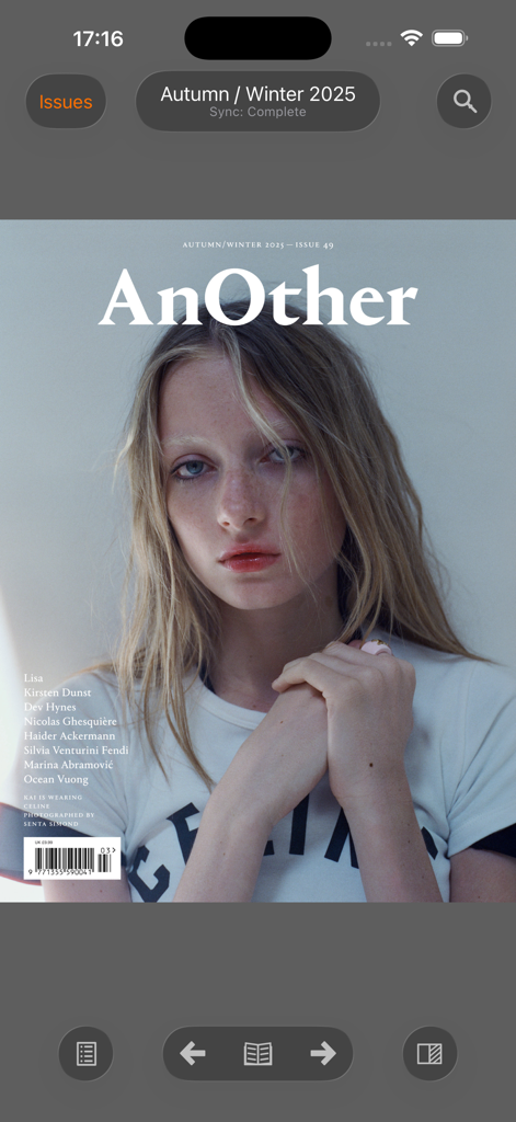 AnOther Magazine - AnOther Magazine app showing the Autumn Winter 2025 issue cover featuring a fashion model