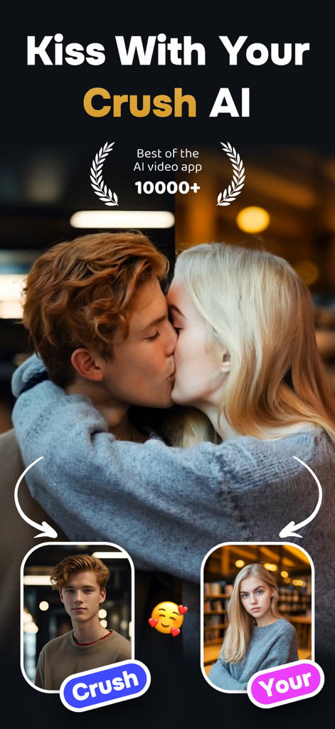 AI Videos: Hug, Kiss & Dance - A promotional image for an AI video app showing two separate photos of a man and a woman being merged into a video of them kissing