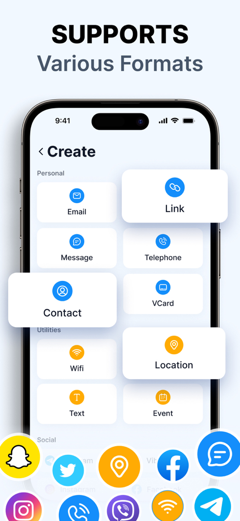 Interface of the create QR code screen showing various supported formats like link contact and wifi