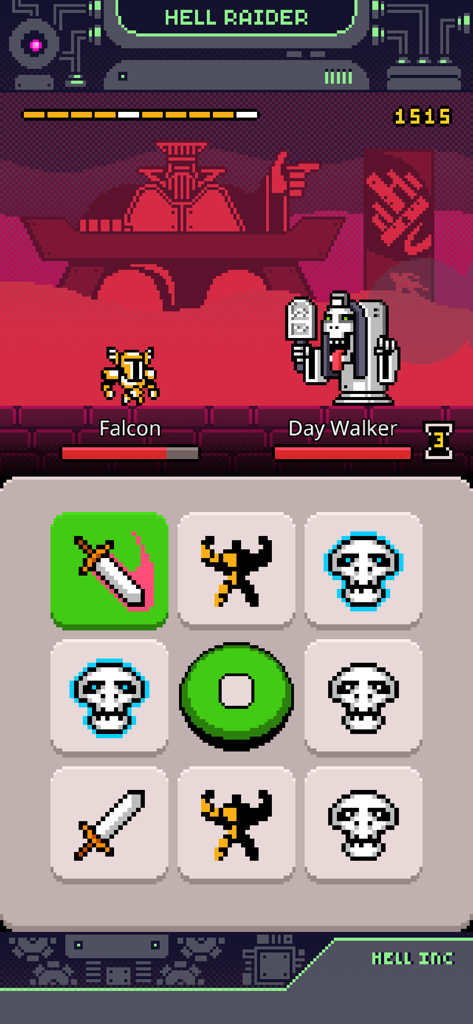 Una scena di battaglia in pixel art da Hell Raider che mostra Falcon combattere Day Walker con una griglia di icone di combattimento in basso.