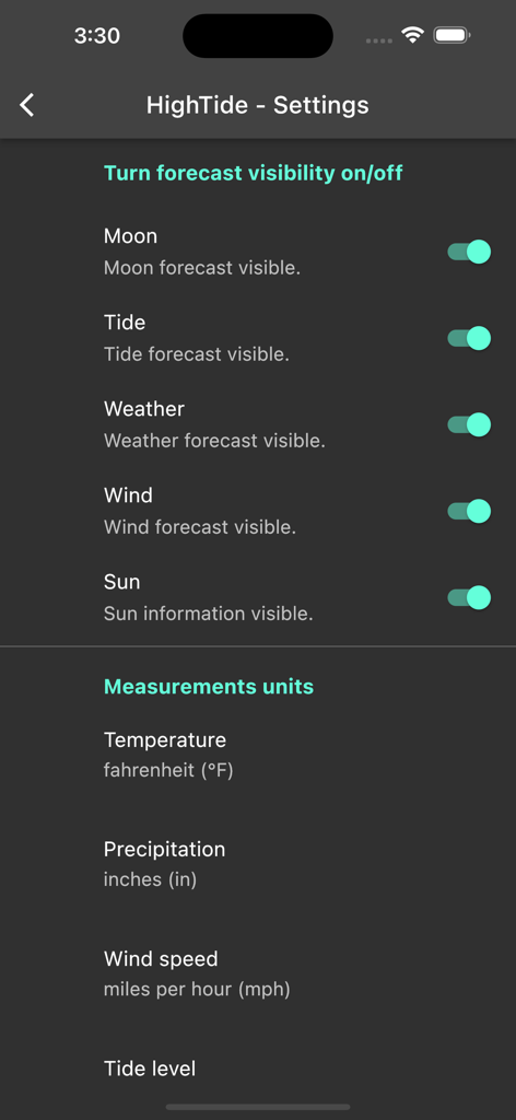 Tela de configurações do aplicativo HighTide exibindo alternâncias de visibilidade de previsão e unidades de medida