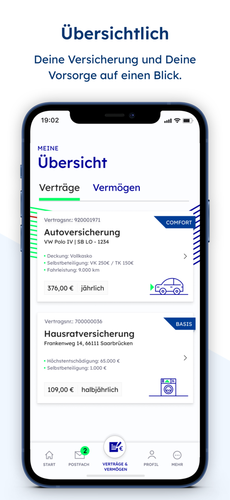 A smartphone displaying the meinCosmosDirekt app dashboard featuring car and household insurance policy details