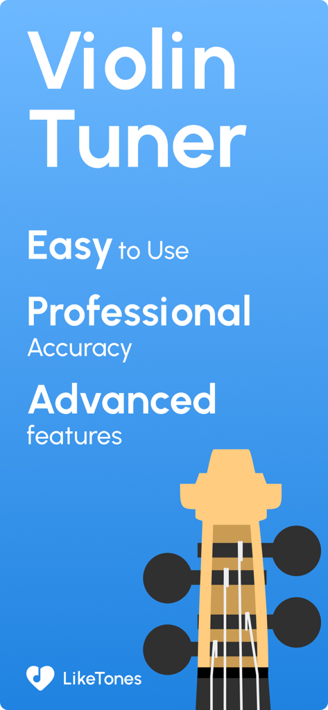 Violin Tuner LikeTones app promotional screen featuring professional accuracy and advanced features
