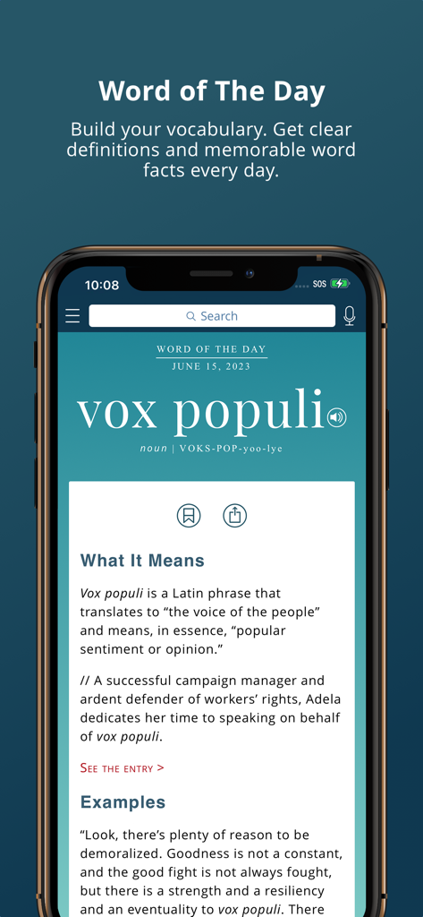 Merriam-Webster Dictionary+ - Merriam-Webster Dictionary plus app Word of the Day feature showing vox populi